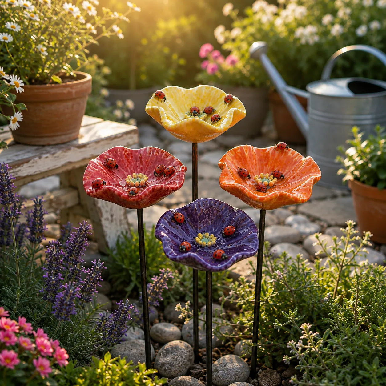 Abbeveratoi in ceramica con fiori di coccinella
